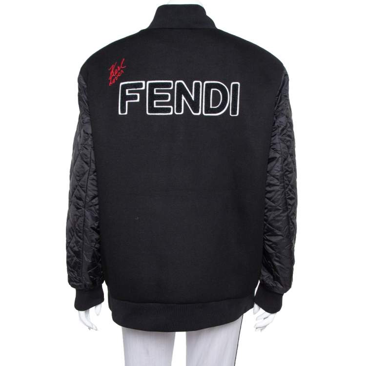 Pre Owned Fendi Karlito Black Logo Applique Detail Quilted Down Bomber Jacket M