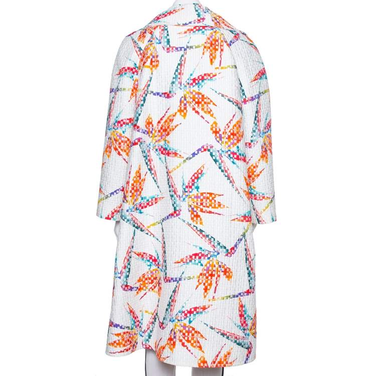 Pre Owned Fendi White Jacquard Birds Of Paradise Print Oversized Coat S