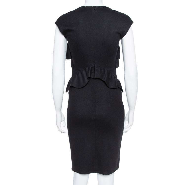 Pre Owned Fendi Black Wool Ruffle Detail Sheath Dress S