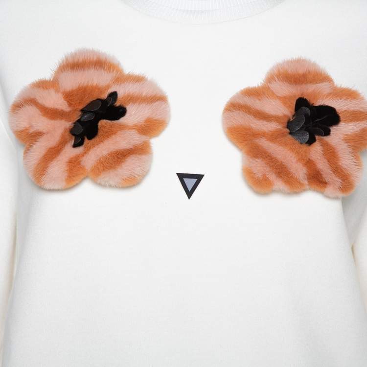 Pre Owned Fendi Cream Knit Pom - Pom Applique Flared Sleeve Jumper M