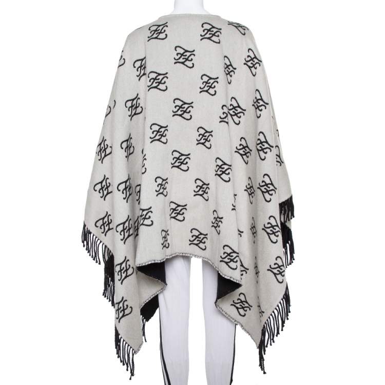 Pre Owned Fendi Grey Logo Intarsia Knit Fringed Poncho (One Size)