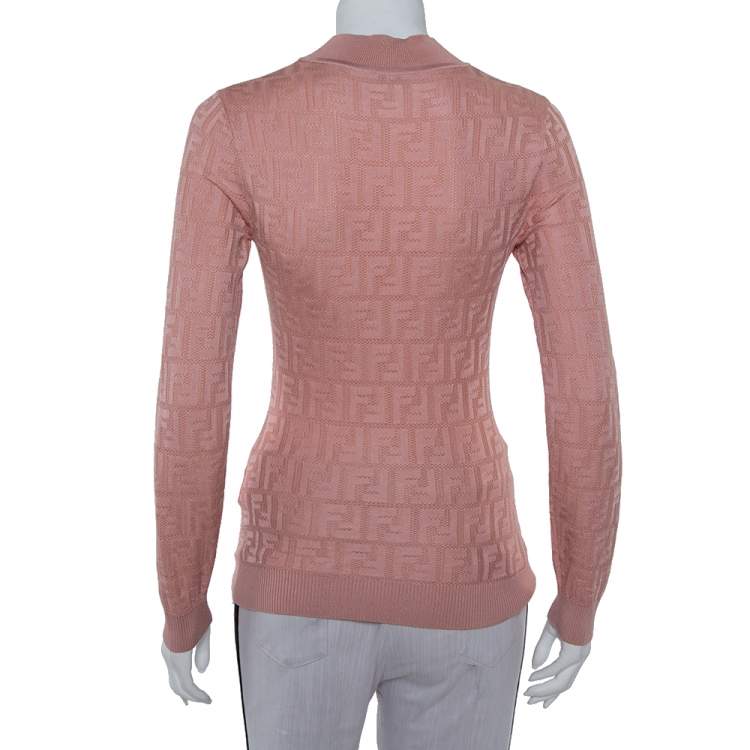 Pre Owned Fendi Pink Zucca Monogram Knit High Neck Jumper S
