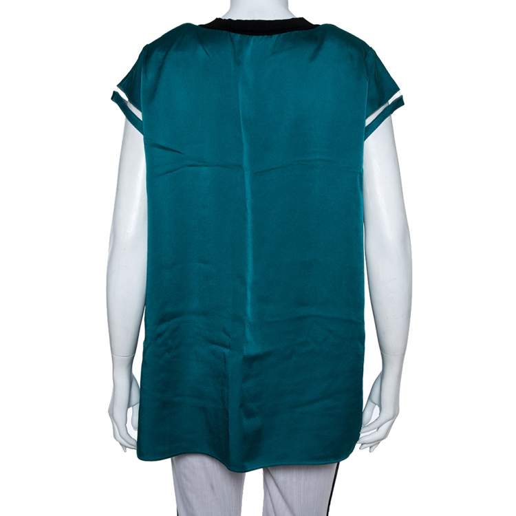 Pre Owned Fendi Teal Green Satin Mesh & Shoulder Pad Detail Oversized Top M