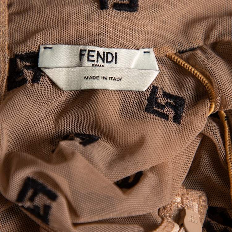 Pre Owned Fendi Beige Tulle Logo Embroidered High Neck Sheer Bodysuit S