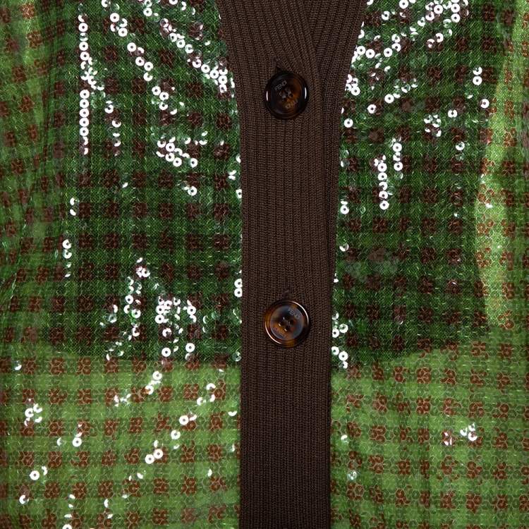 Pre Owned Fendi Green Tulle Sequin Embellished V- Neck Cardigan S