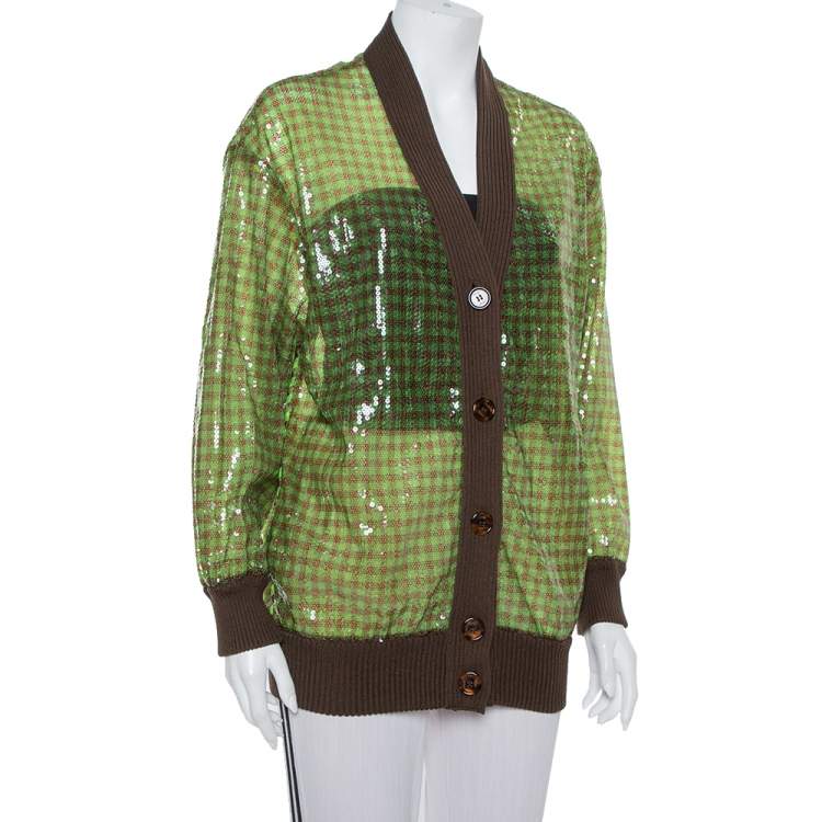 Pre Owned Fendi Green Tulle Sequin Embellished V- Neck Cardigan S