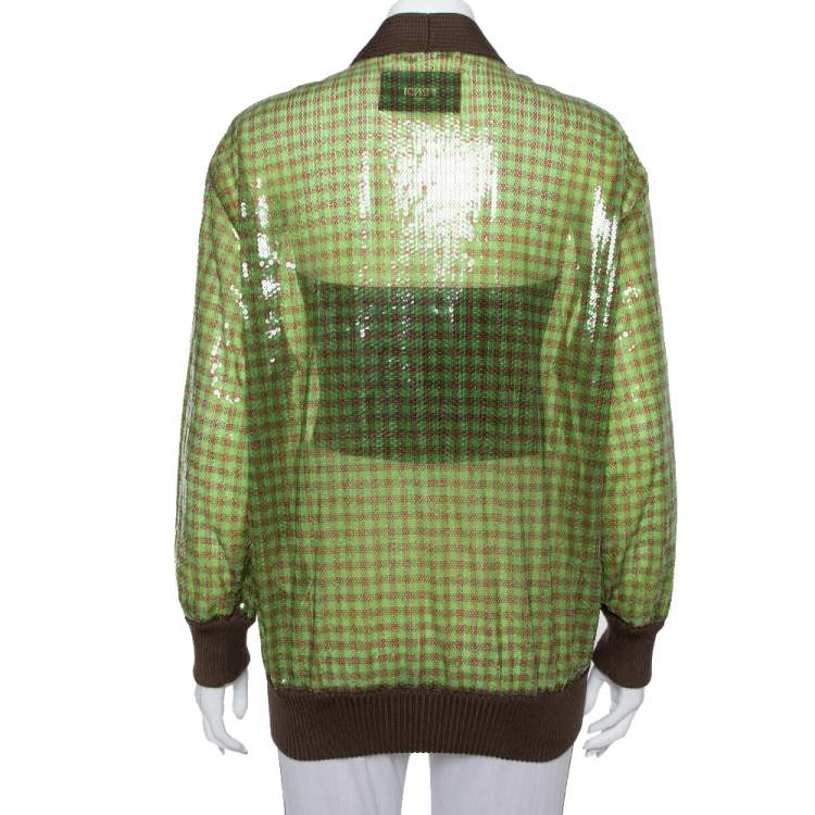 Pre Owned Fendi Green Tulle Sequin Embellished V- Neck Cardigan S