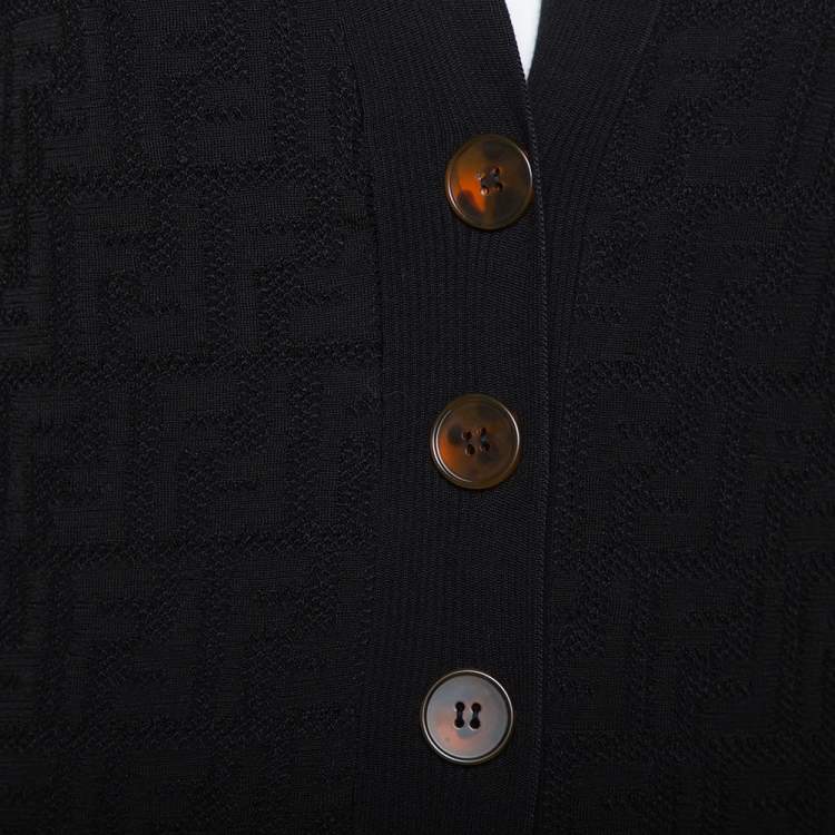Pre Owned Fendi Black Logo Intasia Knit Button Front V-Neck Cardigan XS