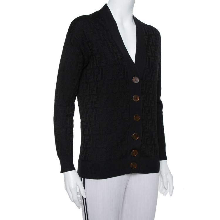 Pre Owned Fendi Black Logo Intasia Knit Button Front V-Neck Cardigan XS