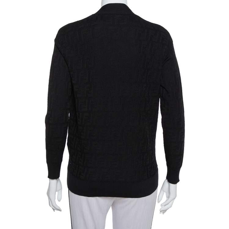 Pre Owned Fendi Black Logo Intasia Knit Button Front V-Neck Cardigan XS