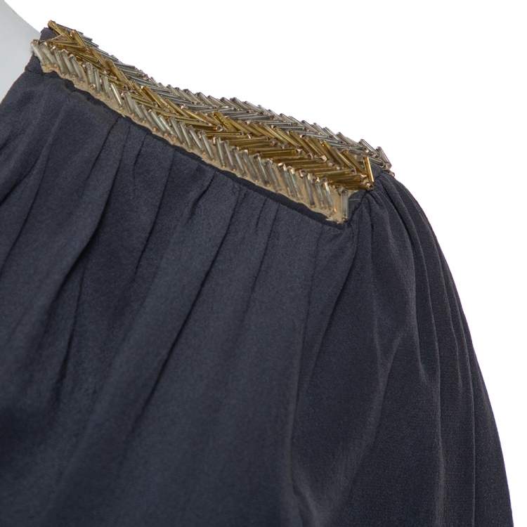Pre Owned Fendi Dark Green Silk Embellished Detail Draped Mini Dress M