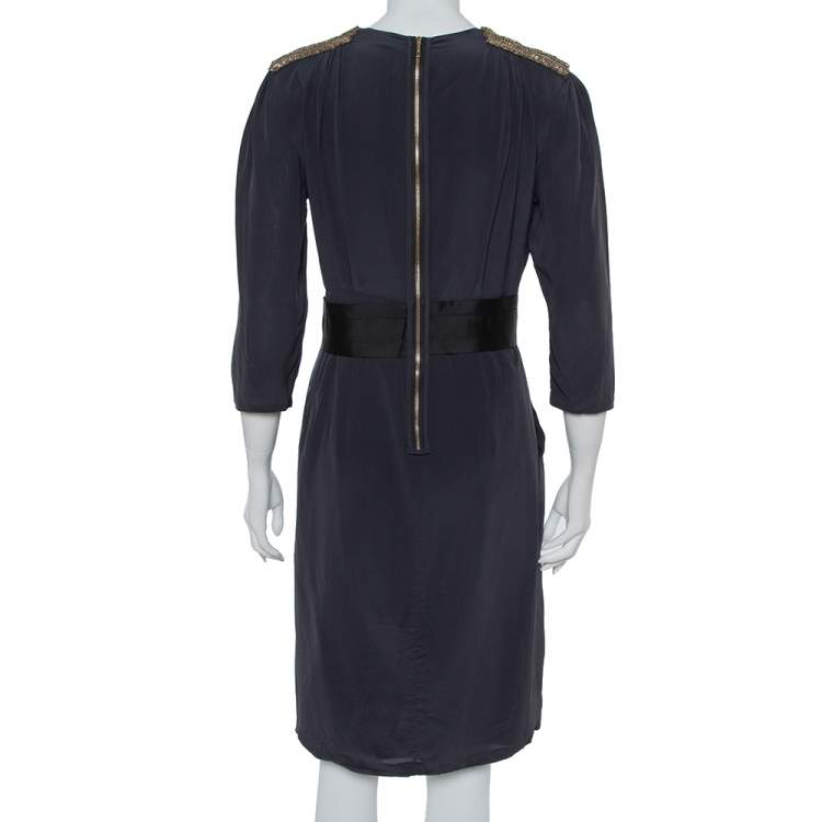 Pre Owned Fendi Dark Green Silk Embellished Detail Draped Mini Dress M