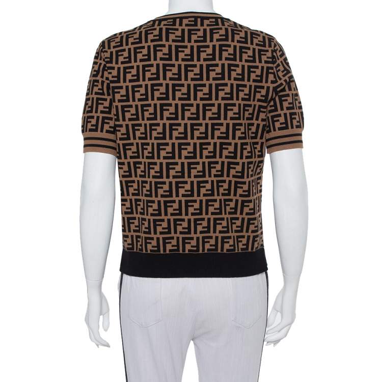 Pre Owned  Fendi Black & Brown Zucca Monogram Intarsia Knit Top M