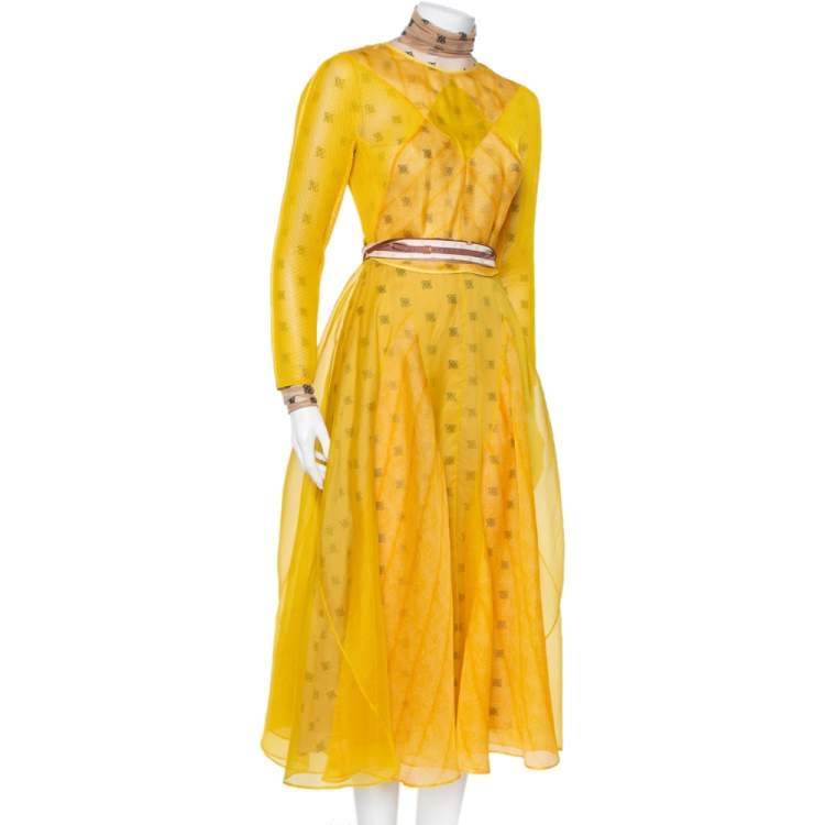 Fendi Yellow Logo Embroidered Sheer Mesh Overlay Belted Midi Dress S Fendi TLC