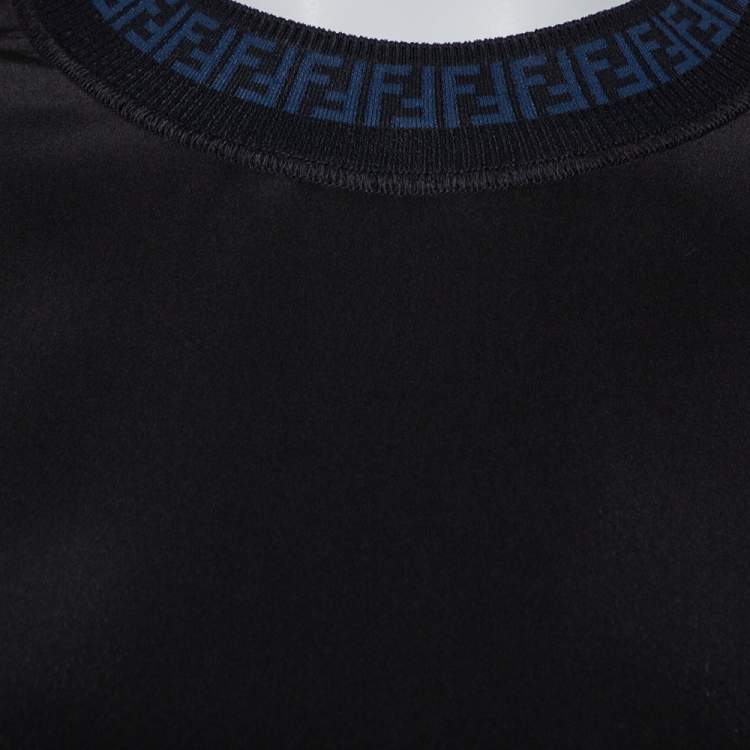 Pre Owned Fendi Black Silk Ribbed Logo Neck Trim Detail Top S
