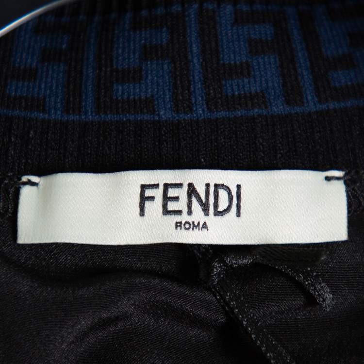 Pre Owned Fendi Black Silk Ribbed Logo Neck Trim Detail Top M