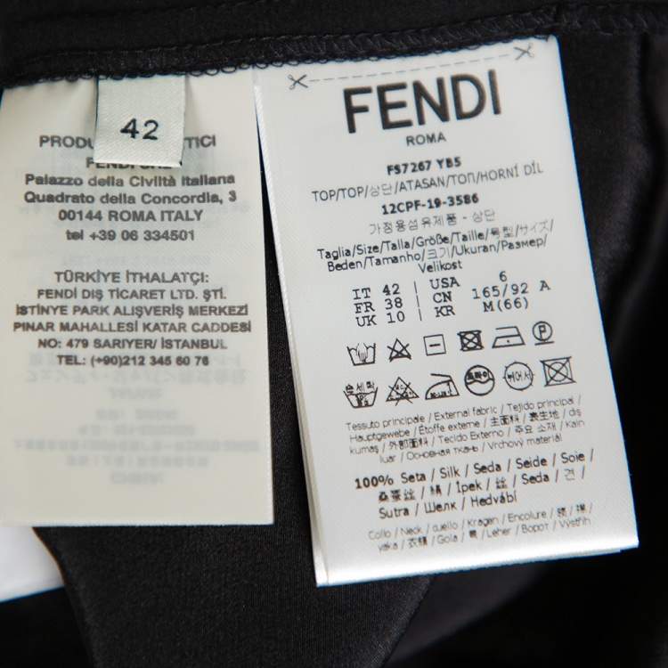 Pre Owned Fendi Black Silk Ribbed Logo Neck Trim Detail Top M
