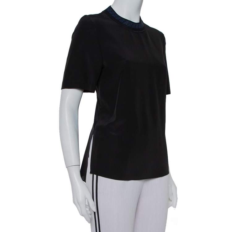 Pre Owned Fendi Black Silk Ribbed Logo Neck Trim Detail Top M