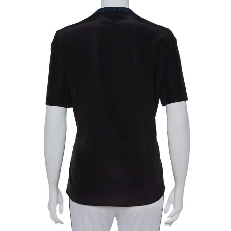 Pre Owned Fendi Black Silk Ribbed Logo Neck Trim Detail Top M
