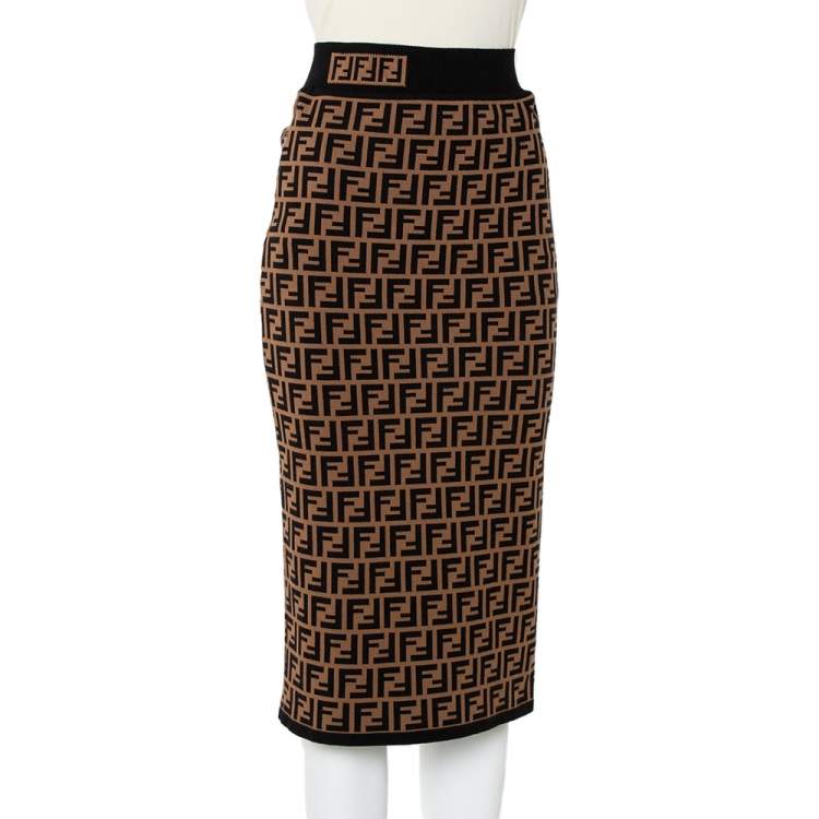 Pre Owned Fendi Brown Zucca Monogram Knit Midi Skirt S