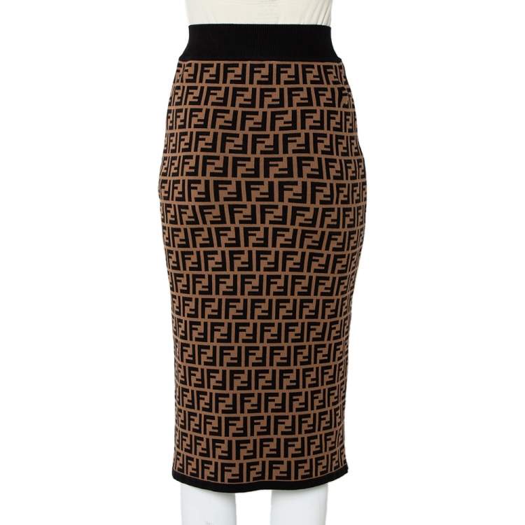 Pre Owned Fendi Brown Zucca Monogram Knit Midi Skirt S