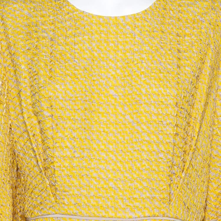 Pre Owned Fendi Yellow Textured Silk Collar Tie Detail Grisaille Maxi Dress L