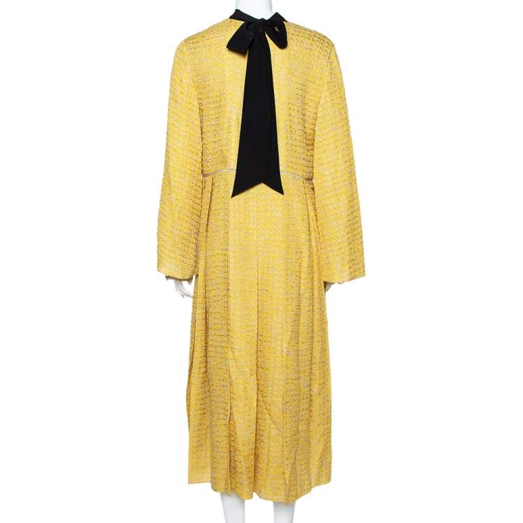 Pre Owned Fendi Yellow Textured Silk Collar Tie Detail Grisaille Maxi Dress L