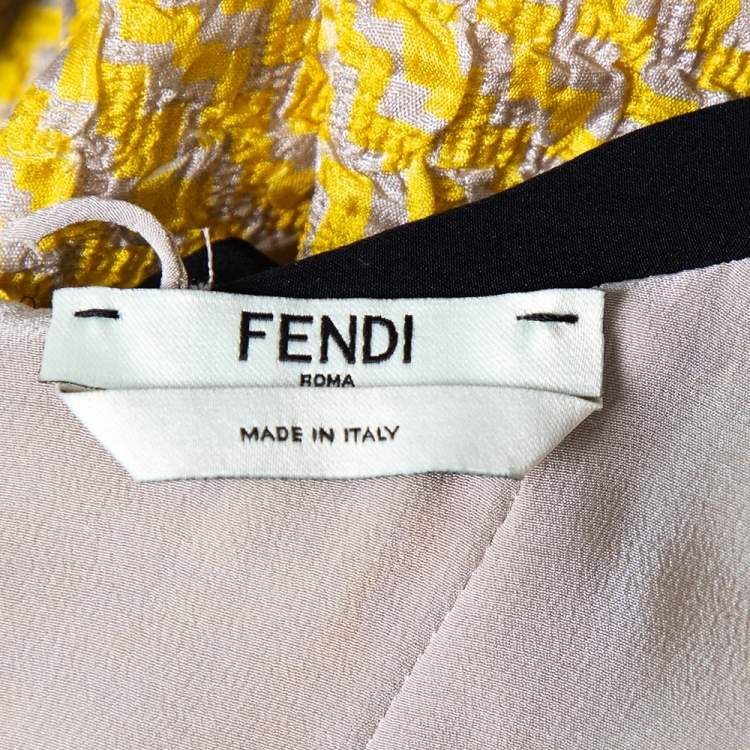 Pre Owned Fendi Yellow Textured Silk Collar Tie Detail Grisaille Maxi Dress L