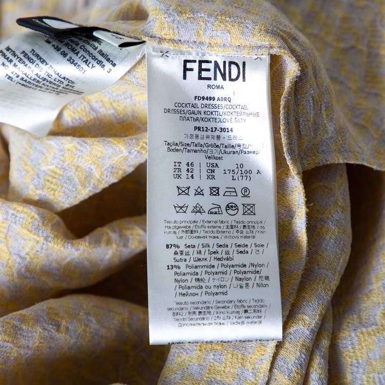 Pre Owned Fendi Yellow Textured Silk Collar Tie Detail Grisaille Maxi Dress L