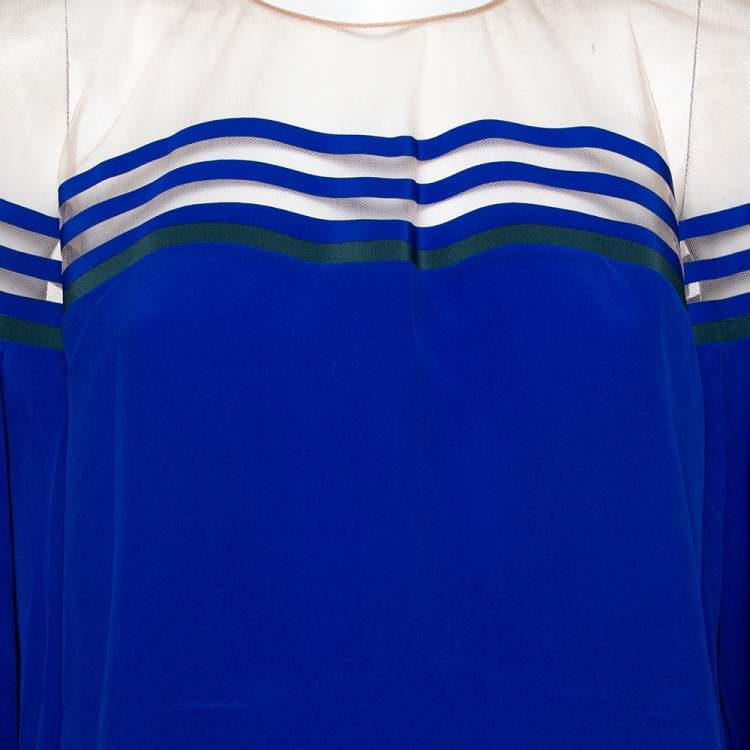 Pre Owned Fendi Blue Silk Tulle Illusion Long Sleeve Blouse L