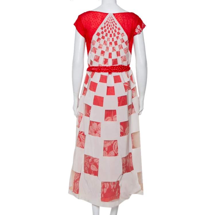 مملوكة مسبقًا Fendi  Red & White Layered Silk & Tulle Flared Midi Dress M