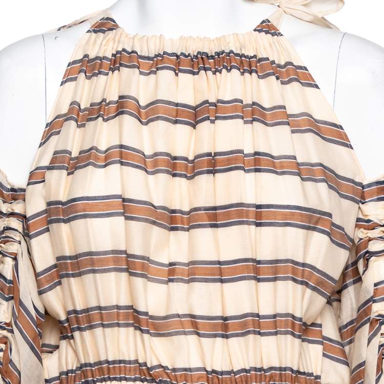 Pre Owned Fendi Beige Striped Cotton & Silk Cut Out Sleeve Detail Maxi Dress M