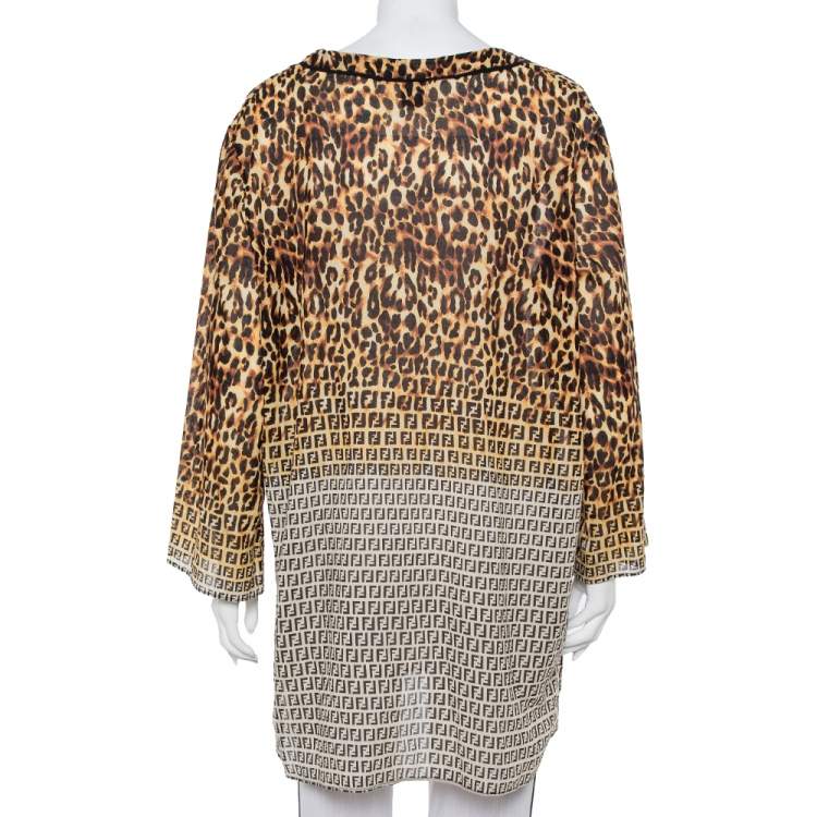 Pre Owned Fendi Brown Animal Printed Cotton Deep Neck Tunic L