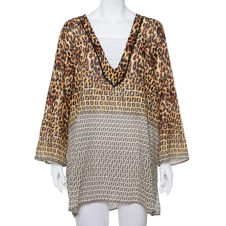 Pre Owned Fendi Brown Animal Printed Cotton Deep Neck Tunic L
