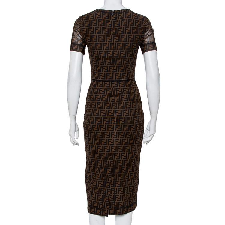 Pre Owned Fendi Brown Zucca Monogram Mesh Sheath Dress S