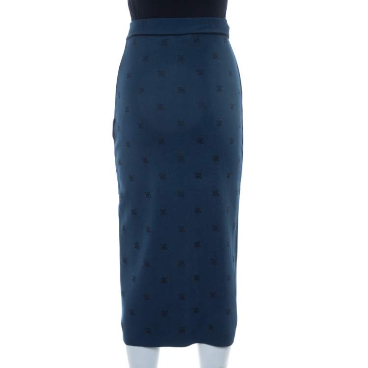 مملوكة مسبقًا Fendi Teal Blue Knit Logo Embroidered Midi Skirt S