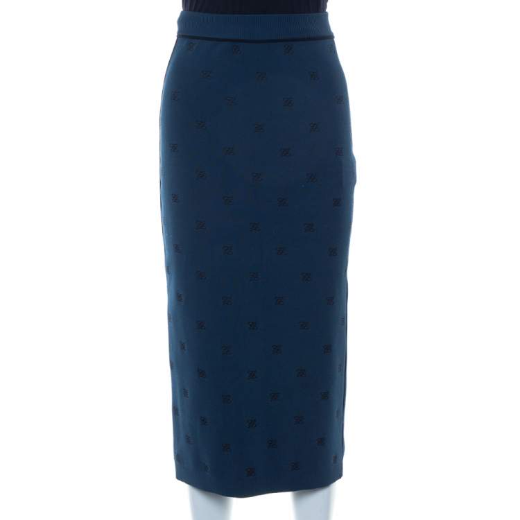مملوكة مسبقًا Fendi Teal Blue Knit Logo Embroidered Midi Skirt S