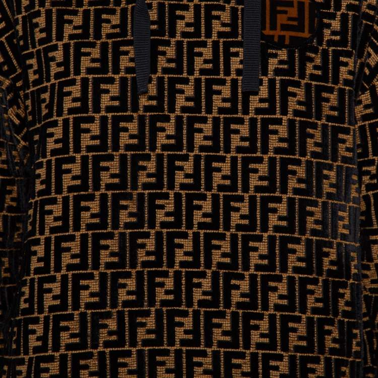 Pre Owned Fendi Black & Gold Velour Logo Monogram Detail Hooded Sweatshirt S