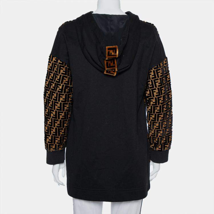 Pre Owned Fendi Black & Gold Velour Logo Monogram Detail Hooded Sweatshirt S