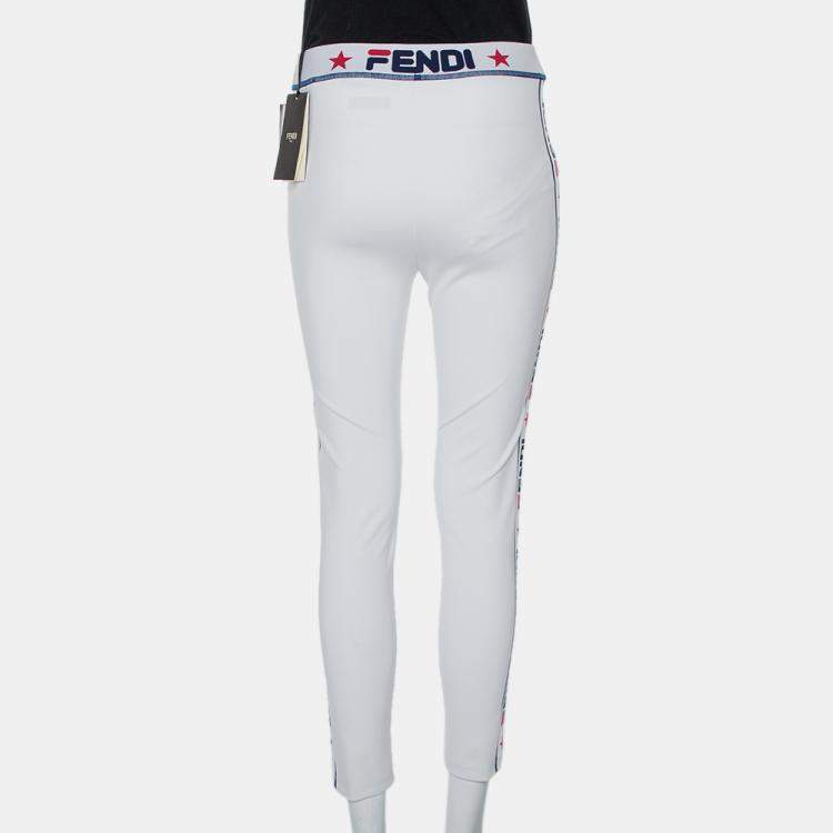 Pre Owned Fendi White Knit Logo Printed Cropped Leggings M