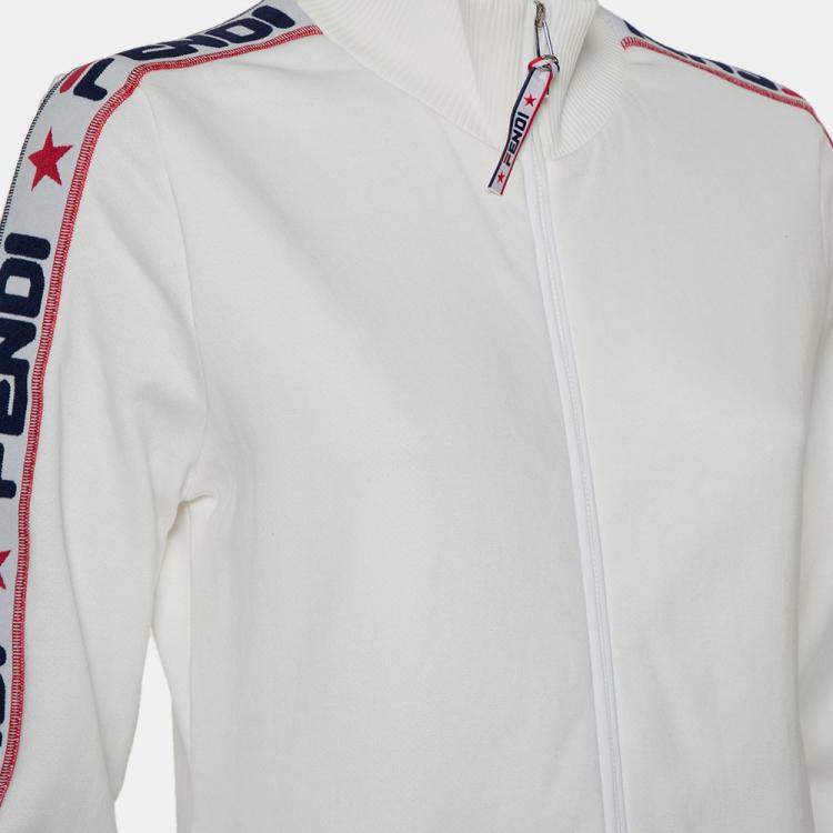 Pre Owned Fendi White Logo Strip Detail Knit Zipper Front Jacket M