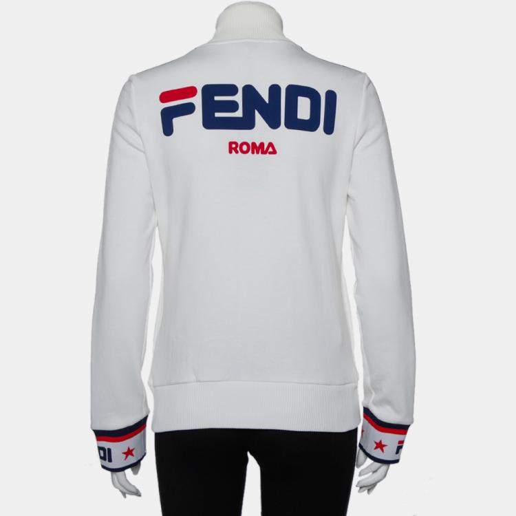 Pre Owned Fendi White Logo Strip Detail Knit Zipper Front Jacket M