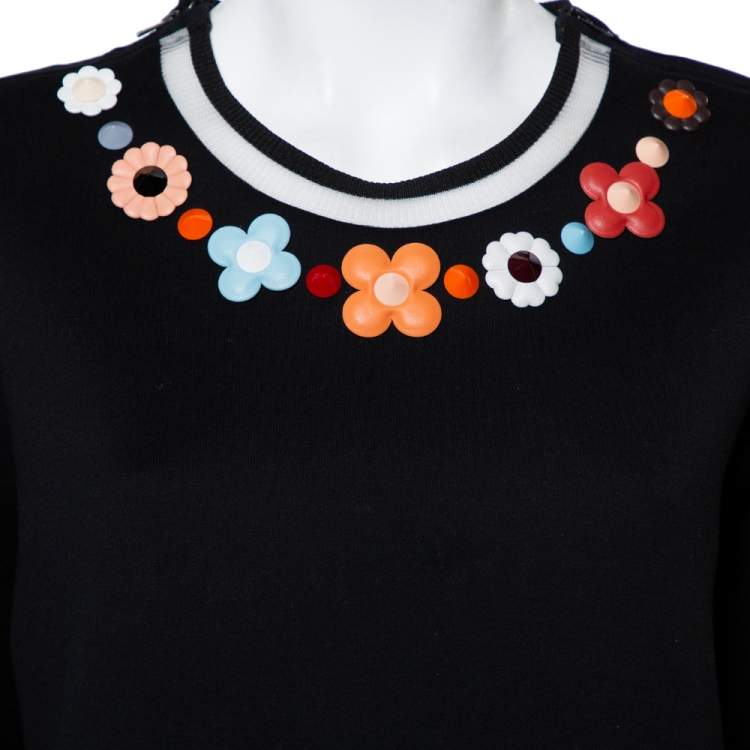 Pre Owned Fendi Black Knit Floral Neck Embellished Round Neck Top XL