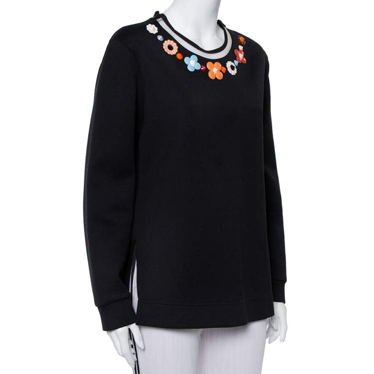 Pre Owned Fendi Black Knit Floral Neck Embellished Round Neck Top XL