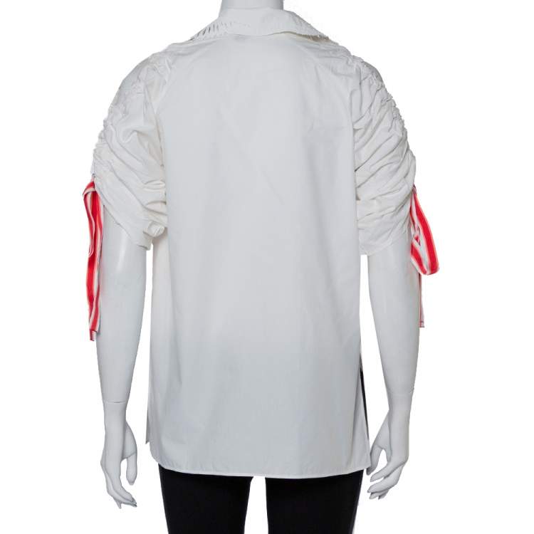 Pre Owned Fendi White Cotton Drawstring Detail Cold Shoulder Cutwork Collared Shirt S
