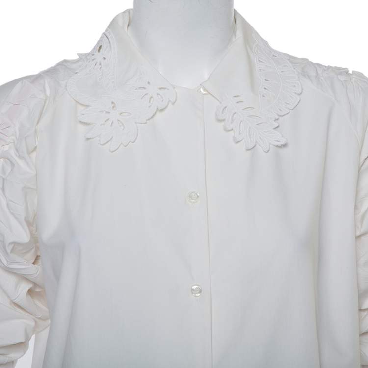 Pre Owned Fendi White Cotton Drawstring Detail Cold Shoulder Cutwork Collared Shirt S