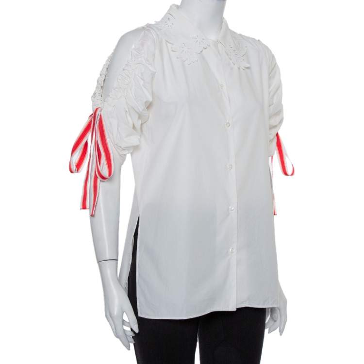 Pre Owned Fendi White Cotton Drawstring Detail Cold Shoulder Cutwork Collared Shirt S