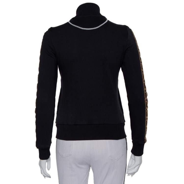 Pre Owned Fendi Black Jersey Logo Trim Detail Zip Front Jacket S