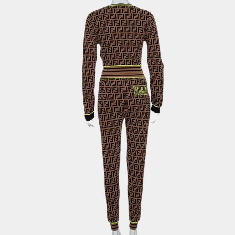 Pre Owned Fendi Brown Zucca Monogram Knit Logo Embroidered Crop Top & Leggings Set M