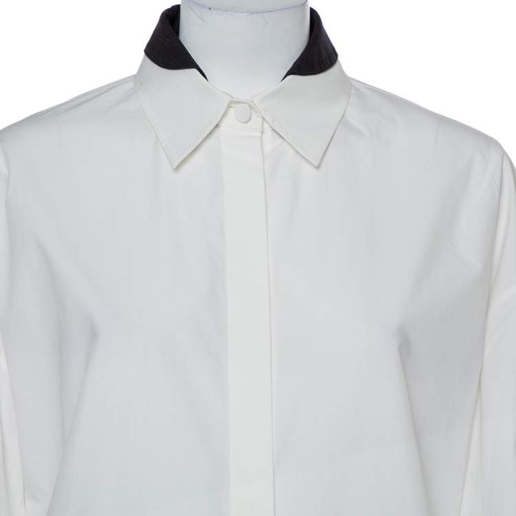 Pre Owned Fendi White Cotton Contrast Collar Detail Asymmetric Hem Oversized Shirt M